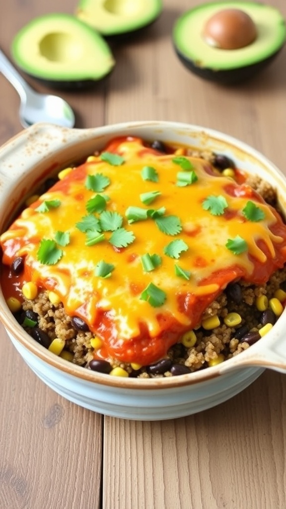 A delicious quinoa enchilada bake topped with cheese and cilantro, served in a rustic dish on a wooden table.